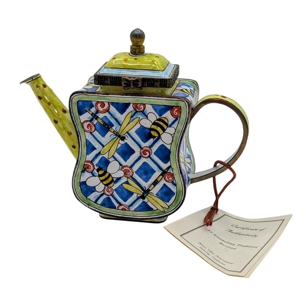 Kelvin Chen VTG Bees & Dragonflies Hand Painted Enamel Brass Collectible Teapot